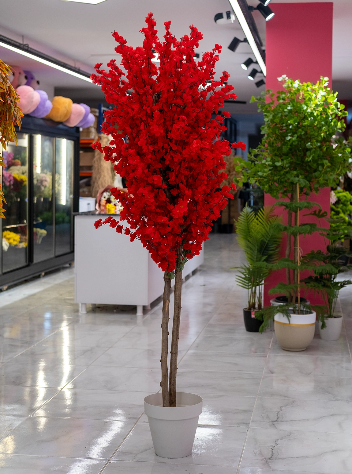 Saksıda Yapay 2 Gövdeli Bahar Dalı Ağacı 180 Cm Kırmızı