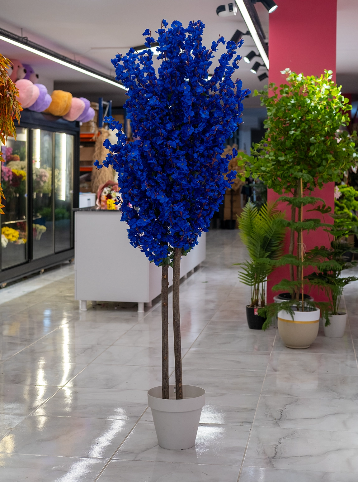 Saksıda Yapay 2 Gövdeli Bahar Dalı Ağacı 180 Cm Mavi