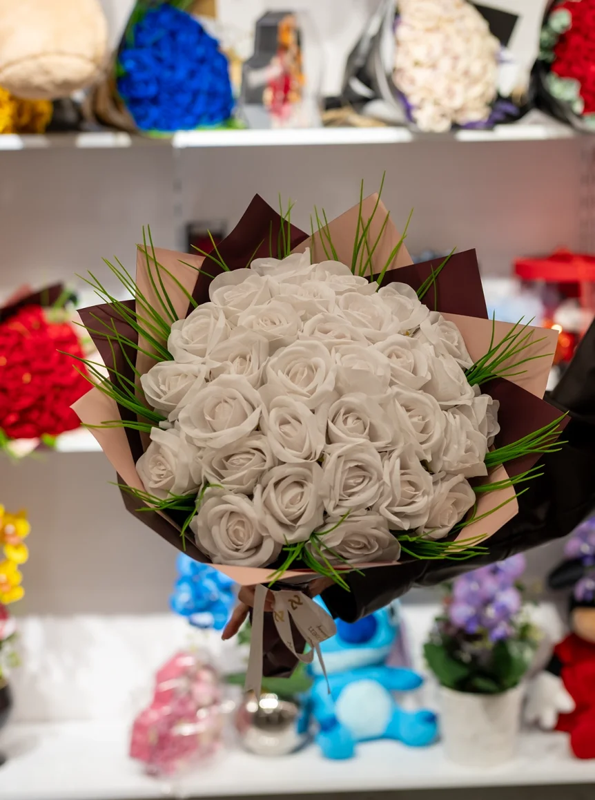 Yapay Beyaz Kadife Gül Buketi 30'Lu